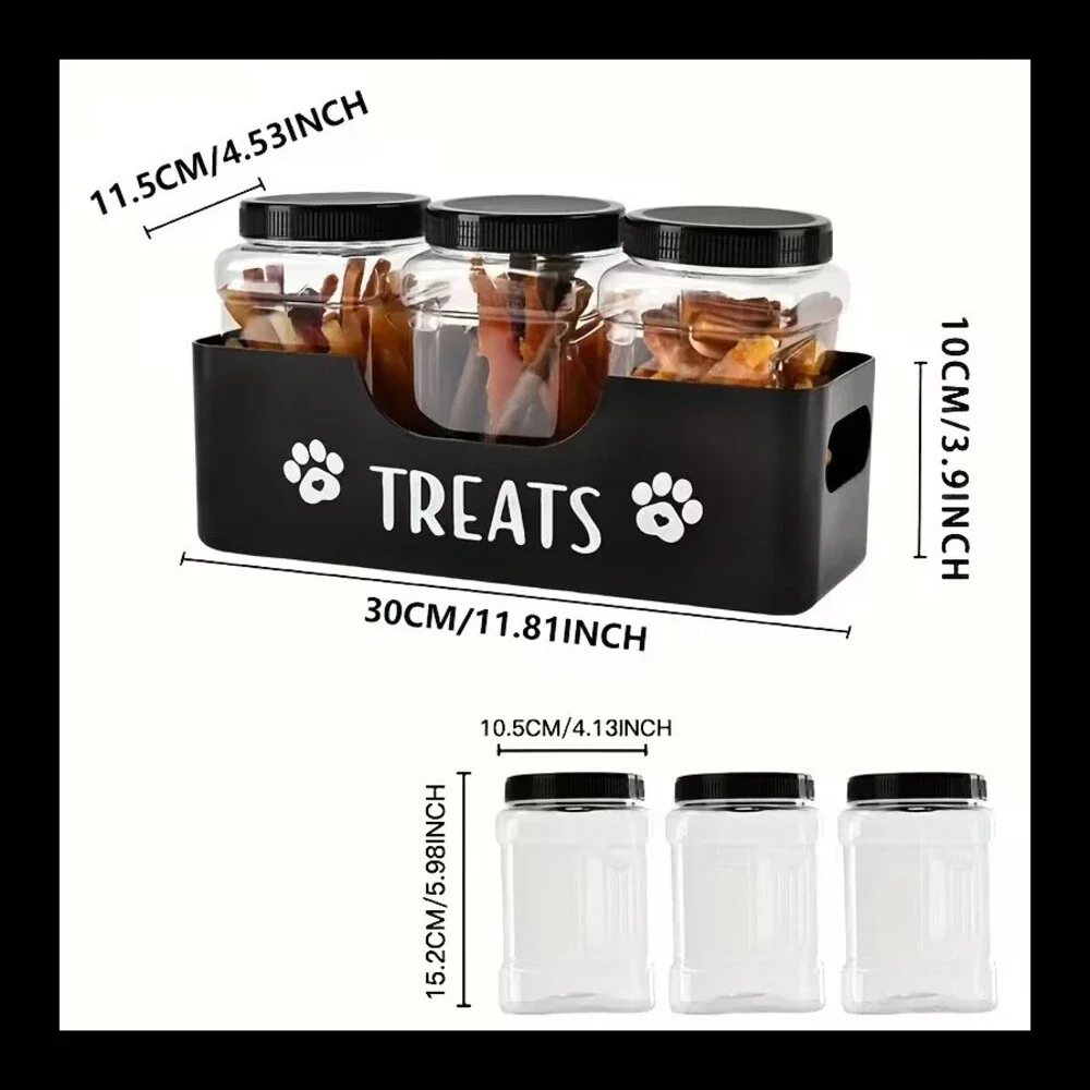 Set of 3 Pet Treat Containers with Airtight Plastic Lids in Black Wooden Box